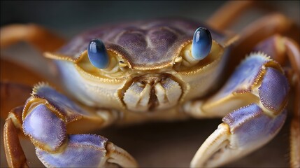 A detailed ro photograph of a vibrant blue eyed crab showcasing its intricate purple and orange shell and claws