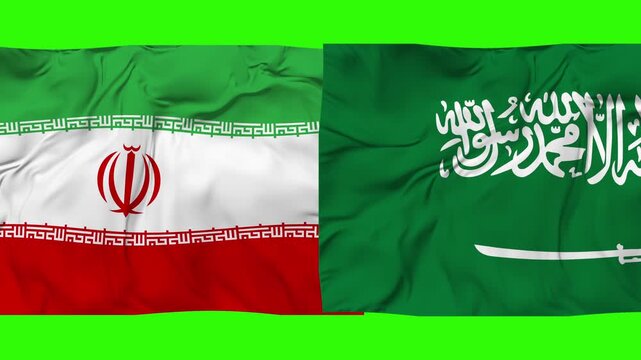 Iran v Saudi Arabia flag animation on green background. 4K