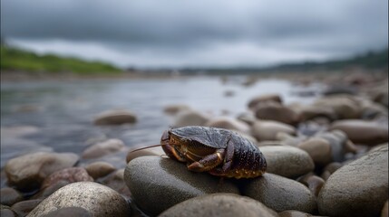 A solitary crab rests on wet stones by a river under a moody overcast sky