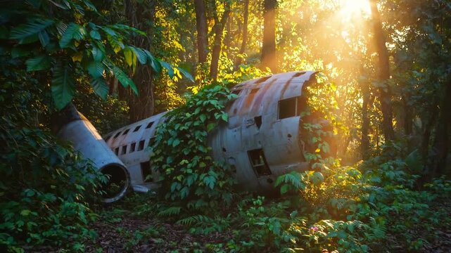 Crashed aluminum airplane fuselage overgrown with vines in tropical jungle, sunbeams through trees, ferns in foreground and dense canopy in background, oppressive postapocalyptic atmosphere