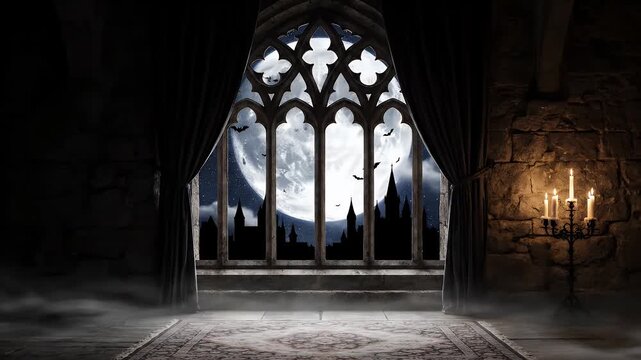Dark room with candles and a window view of a castle and moon.