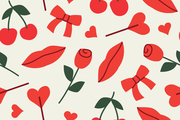 Valentine&rsquo;s Day seamless pattern with lips, bows, roses, hearts, lollipops, and cherries; romantic festive background, perfect for February designs, wrapping paper, greeting cards- vector illustration