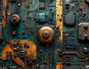 Close-up of intricate, aged circuit board with rusty components