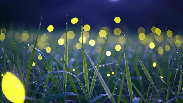 Fireflies Glowing in Grass at Night.