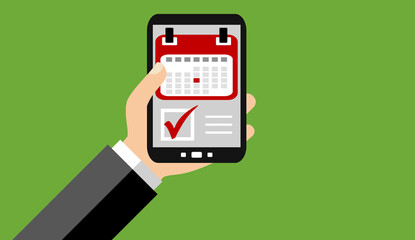 Hand h&auml;lt Smartphone: Termin im Kalender speichern
