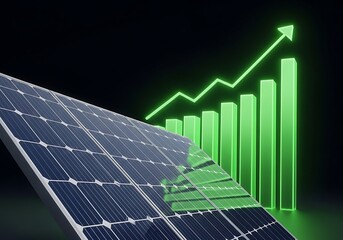 Solar panel with upward trending green graph solar energy