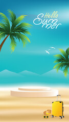 Hello Summer tropical beach background with palm trees, blue sky, sandy shore and empty podium. Travel vacation concept with suitcase, hat and sunglasses illustration.