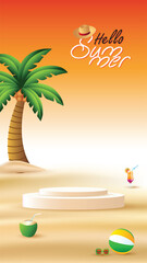 Summer beach podium scene with palm tree, sunset sky, tropical drinks and beach ball. Minimal 3D display background for summer sale, travel, holiday promotion.