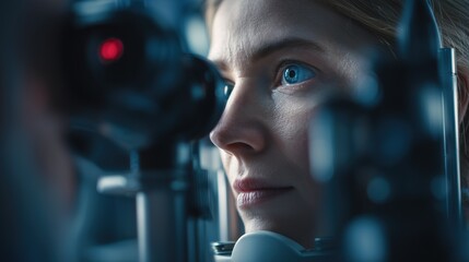 Susac syndrome: Ophthalmologist performing retinal examination on female patient using slit lamp biomicroscope, detailed view of medical equipment, modern eye clinic interior