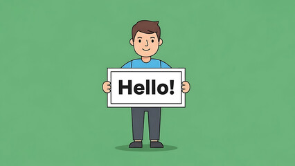 A Friendly Greeting: A friendly figure, arms outstretched, holds a sign that simply states Hello!, creating a warm, approachable invitation and conveys approachability.