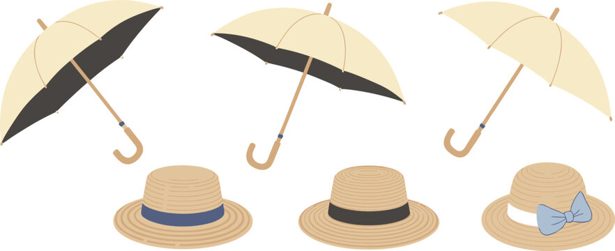 Set of vector illustrations featuring beige umbrellas with wooden handles and straw boater hats with colorful ribbons, perfect for summer fashion and vintage accessories design.