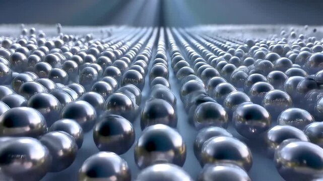 Endless Rows of Shiny Metallic Spheres Aligned in Perfect Perspective With Reflective Surfaces Creating a Minimal Industrial Pattern Scene