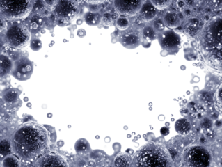 A frame border made of bubbles, top-down view, flat lay, isolated on a solid white background, glowing effect, sharp focus, high contrast, studio photography