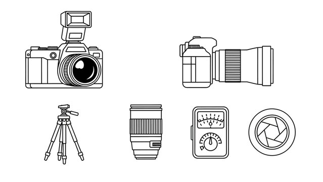 Stylized photography gear icons depicting camera, lens, tripod, and accessories in a line art set.