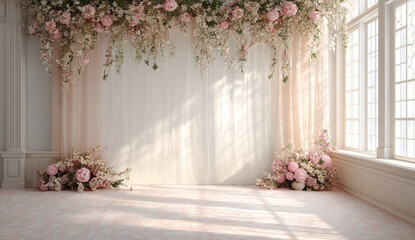 Elegant floral backdrop with cascading pink and white roses and peonies in a bright, sunlit room with large windows and classic white walls