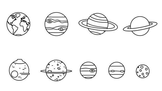 A collection of hand-drawn planets with rings and celestial motifs in a monochrome space theme.