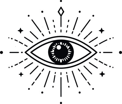 Mystical third eye symbol with radiating lines and stars