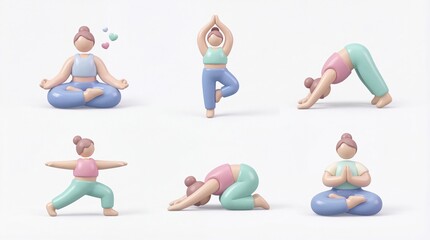 3D Rendered Yoga Icon Set Featuring Female Characters in Diverse Mindfulness and Fitness Poses