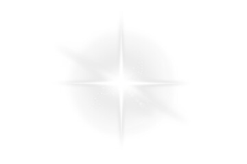Glowing white stars with shimmering rays and lens flare effects. Great for Christmas designs and magical illustrations. Transparent background format.light effect Glow isolated white light effect