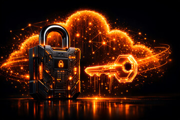 Futuristic Technology Lockpad and Key with Cloud Computing Visualization