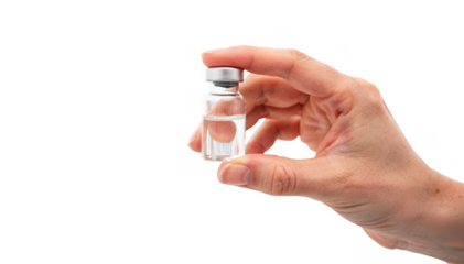 Nurses hand holding antiemetic medication vial near patient bed with monitoring equipment isolated on white representing cautious relief during postoperative nausea.