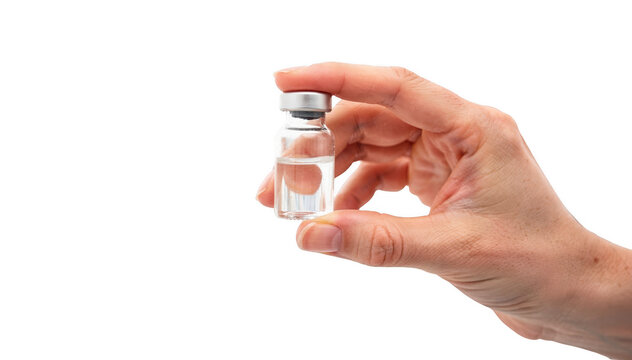Nurses hand holding antiemetic medication vial near patient bed with monitoring equipment isolated on white representing cautious relief during postoperative nausea.