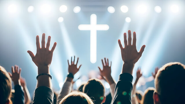 Worship and Praise Hands Raised in a Church Gathering with a Glowing Cross