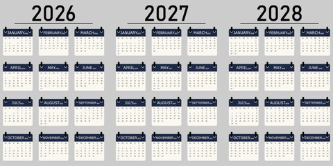 New Year calendar concept with hand and desk flip calendar. 2026, 2027, 2028 Wall Dayplanner EU, Monday First Day of Week. Wall Calendar 2026 to 2028. 2026 2027 2028 Wall Calendar Design Template icon