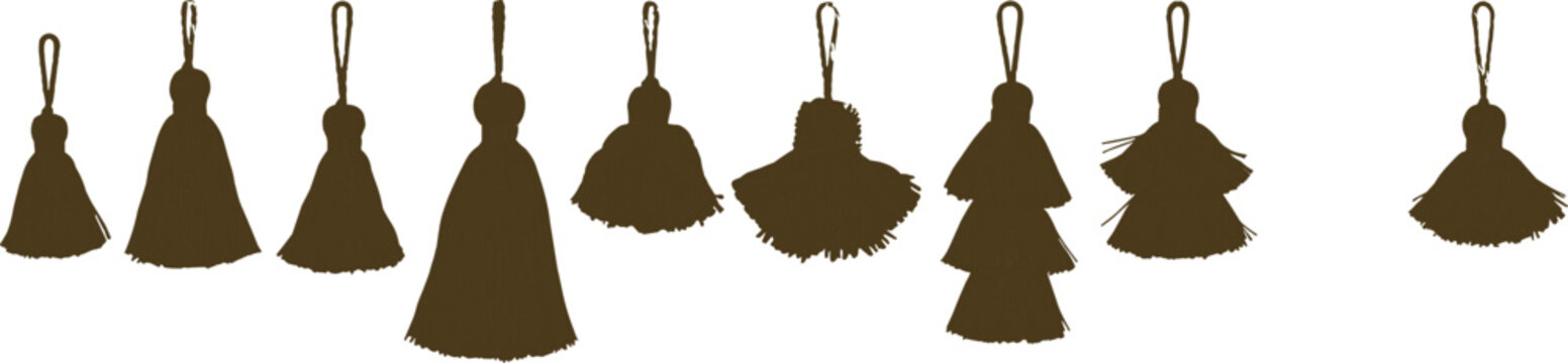 tassel design set, elegant hanging accessories, decorative textile elements, fashion embellishments, vector illustration for crafts, garments, and interior decor