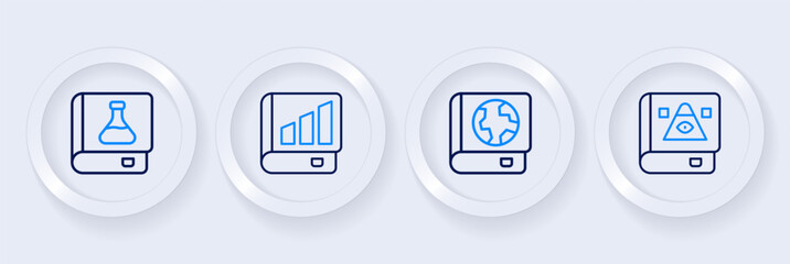 Set line Ancient magic book, Earth globe and, Financial and Chemistry icon. Vector © Iryna