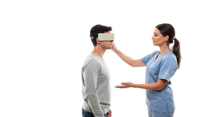Fototapeta premium Clinician assisting a patient who covers one eye conducting a precise vision test with a wall eye chart on a clean white backdrop.