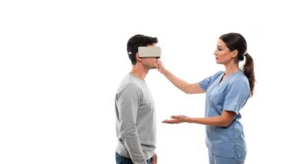 Clinician assisting a patient who covers one eye conducting a precise vision test with a wall eye chart on a clean white backdrop.