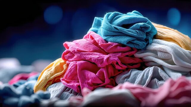 Large pile of colorful textile fabric waste symbolizing fast fashion pollution, recycling challenges, and sustainable clothing industry issues