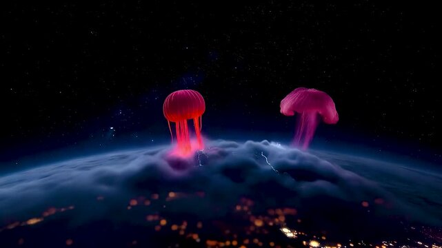 Glowing Plasma Columns Rising Above Earth at Night With Mysterious Energy Forms Illuminating the Planet Surface From Outer Space
