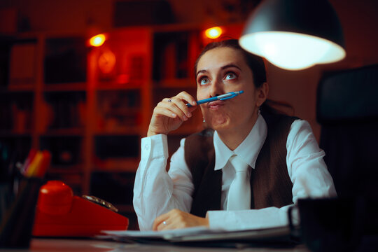 Woman Playing with her Pen Feeling Demotivated art Work. Silly office buffoon lady procrastinating instead of working