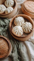 Plump steamed bao buns in a round bamboo steamer on textured linen in the foreground, warm natural light and extra baskets softly blurred in the background, concept of asian cuisine traditions
