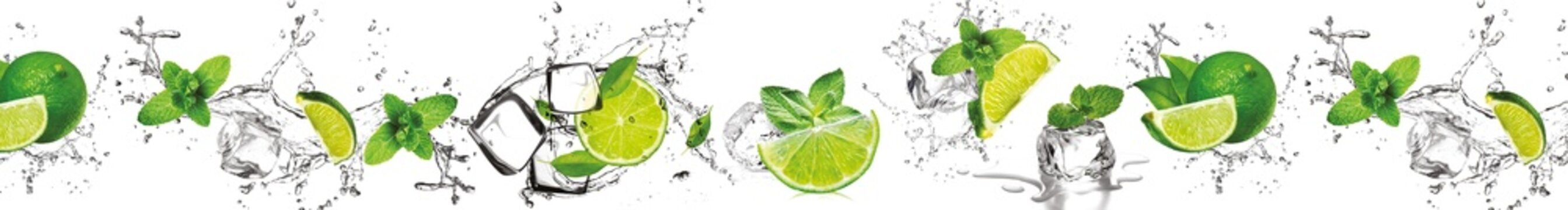 Exploding water splash with green limes mint and ice cubes panoramic border