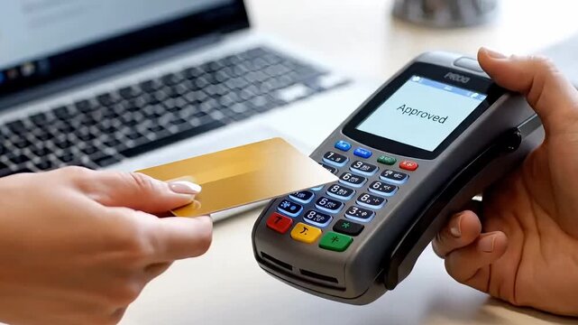 A customer makes a successful contactless payment by tapping a credit card on a POS terminal with approval