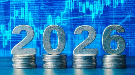 2026 numbers made of coins standing on stock market charts in blue futuristic style, symbolizing financial growth, investment success, business trends, future economy, and wealth management concepts.