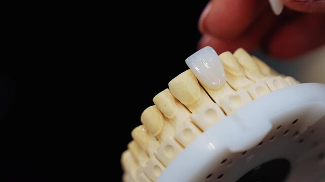 Close-up of a person carefully placing porcelain veneers onto a teeth model. Shows precision, skill, and modern cosmetic dentistry workflow in a clinical setting.