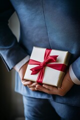 Man in suit holding gift box behind back midsection crop surprise gesture elegant blue suit red ribbon special occasion anticipation close up indoor setting