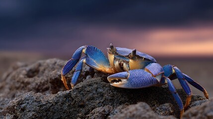 Fototapeta premium A vibrant blue crab with raised claws sits on a rocky shore during twilight