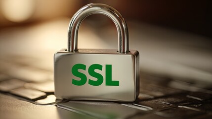 SSL padlock security symbol on computer keyboard, representing secure website connection, data encryption, and online privacy protection for safe internet browsing