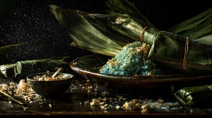 Blue sticky rice with toasted coconut on ceramic plate in foreground, banana leaf parcels and flying crumbs against dark rustic background, traditional southeast asian dessert storytelling atmosphere