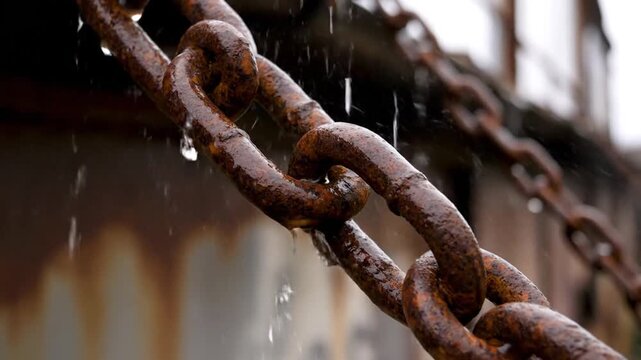 Rusty chain links glistening with raindrops in an industrial setting