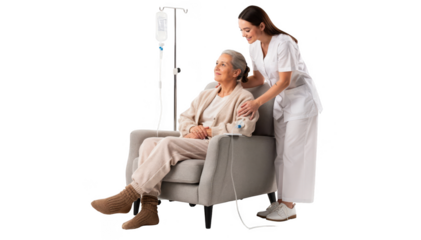 Comforting scene of a patient in cozy attire sitting with an IV line supported by a caregiver gently holding their arm isolated on a white background.