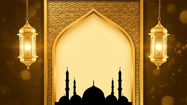 Golden Ramadan lanterns hanging by mosque silhouette in arch
