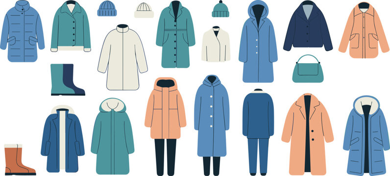 Winter coats, jackets, boots, hats, handbag, seasonal fashion, warm wear, outerwear collection, wardrobe essentials, vector illustration, cozy style
