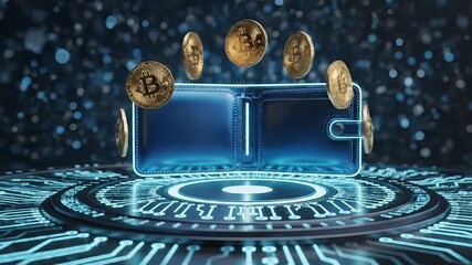 Golden bitcoin coins flying into a digital wallet on a futuristic platform representing crypto currency savings - Powered by Adobe