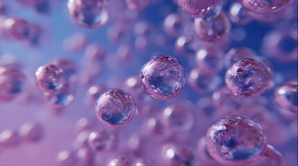 Numerous shimmering purple and pink bubbles floating against a blurred blue and violet background